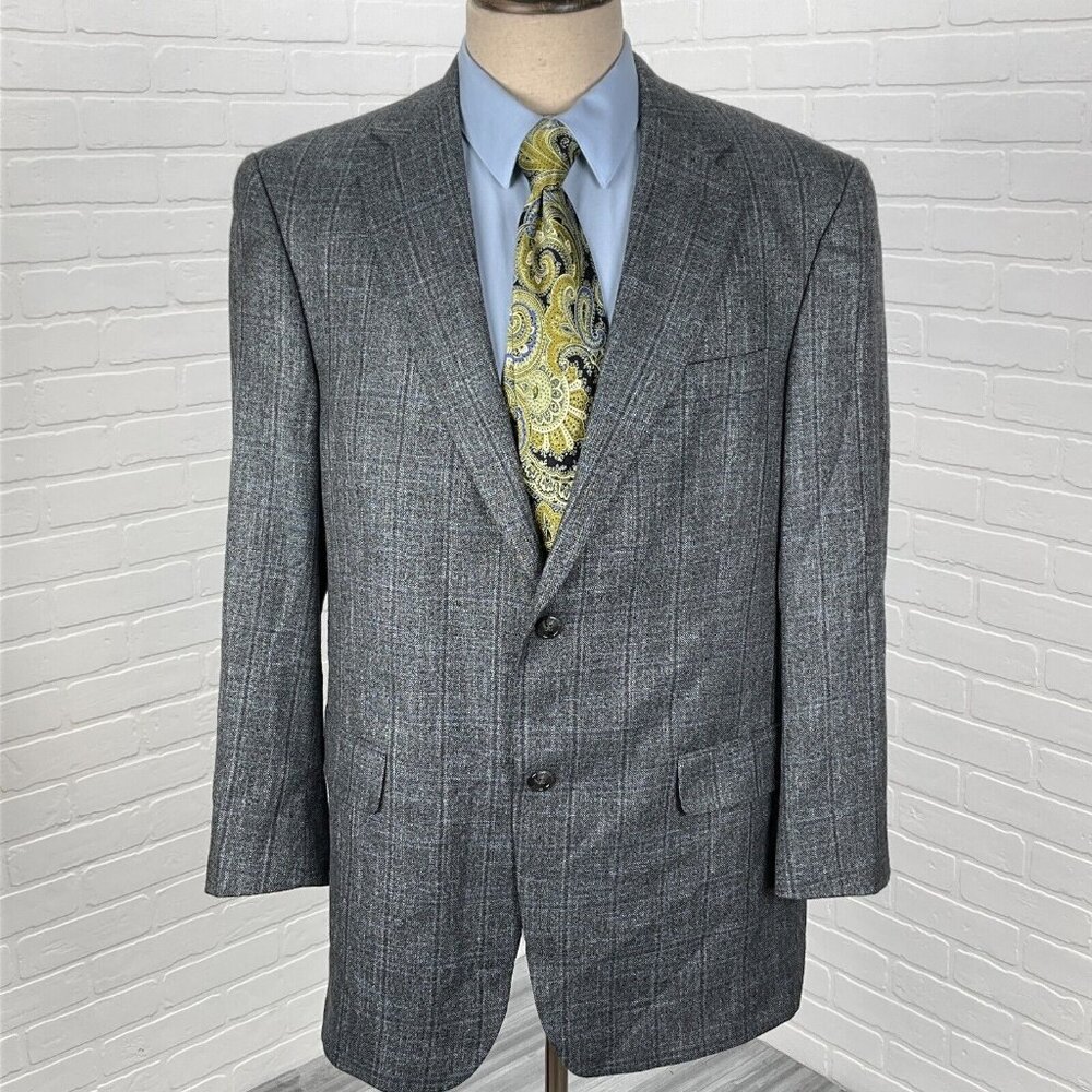 Hart Schaffner Marx Blazer Men 42R Gray Blue Plaid‎ Gold Trumpeter Carlanda USA